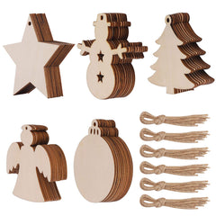 Set of wooden Christmas ornaments with brown accents on a white background