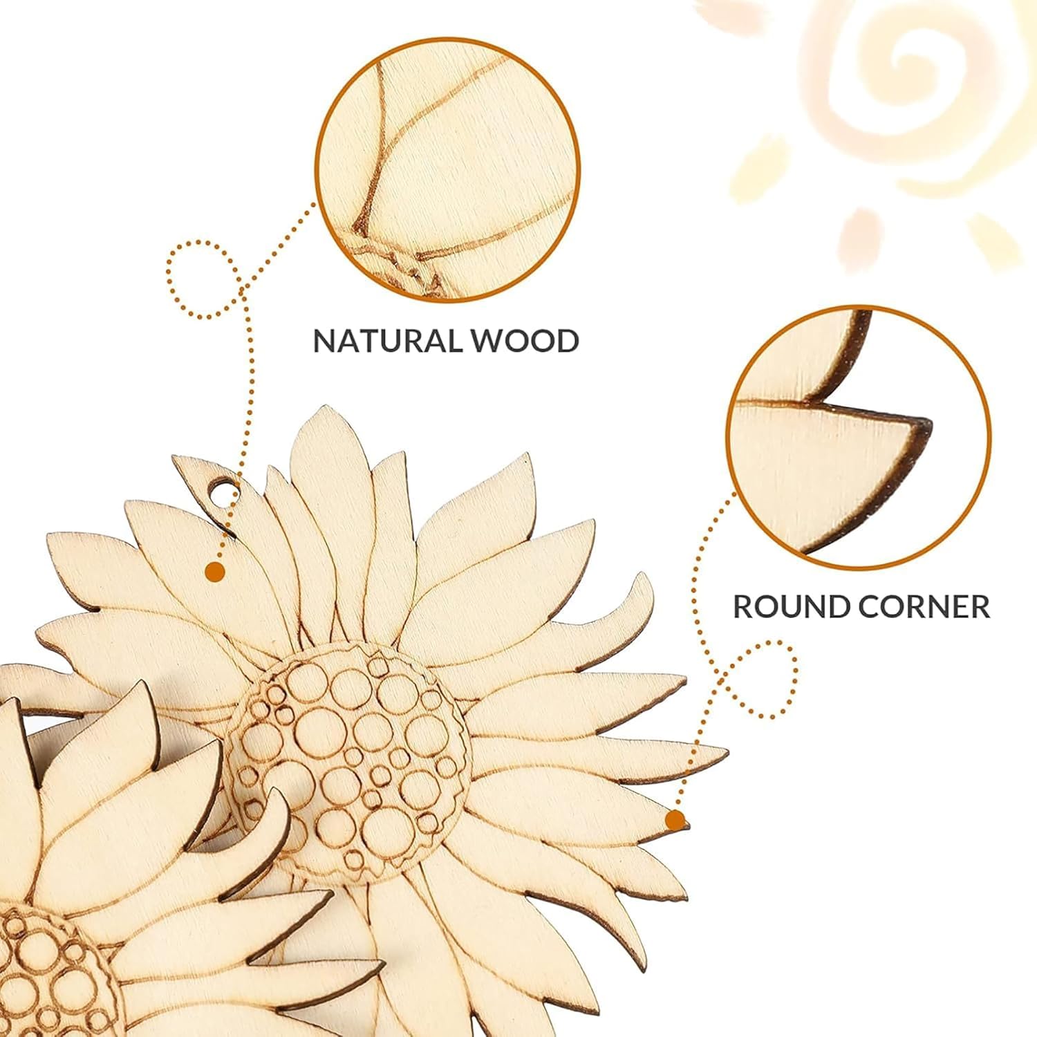Wooden sunflower ornament with natural wood finish and round corners on a white background