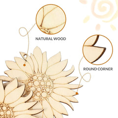 Wooden sunflower ornament with natural wood finish and round corners on a white background