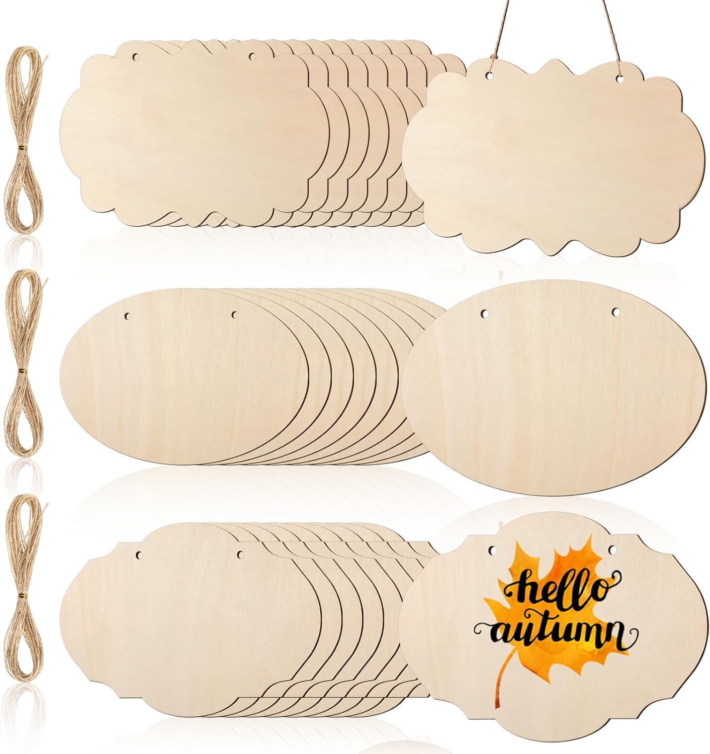 Set of wooden tags with strings, some decorated with 'hello autumn' text.