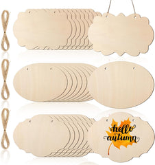 Set of wooden tags with strings, some decorated with 'hello autumn' text.