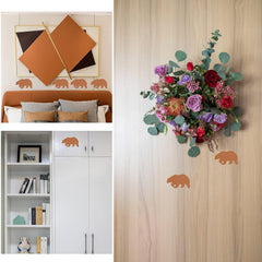 Collage of a bedroom with decor elements and a wall with floral wreath and bear decals.