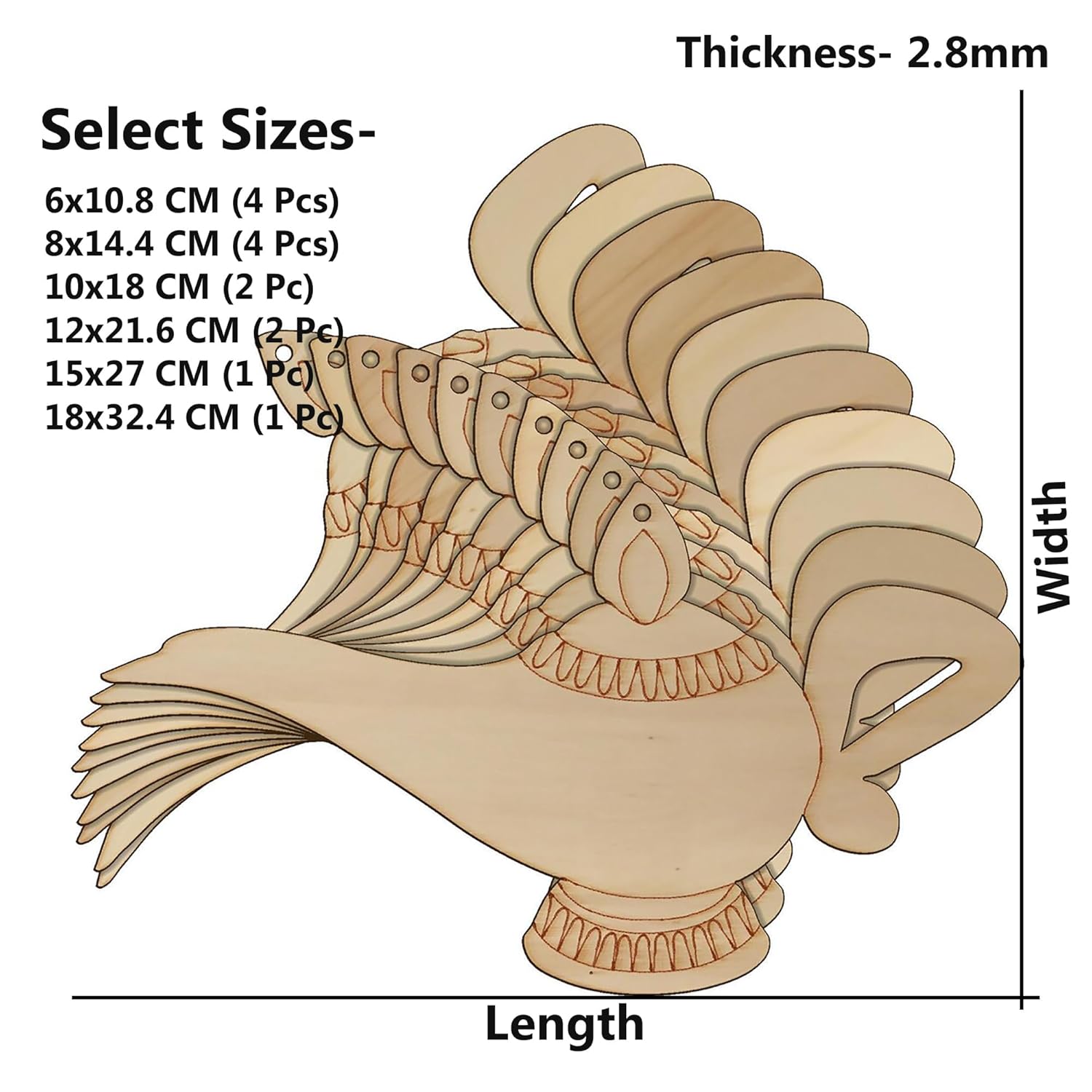 Wooden dove cutout with dimensions and size options on a white background