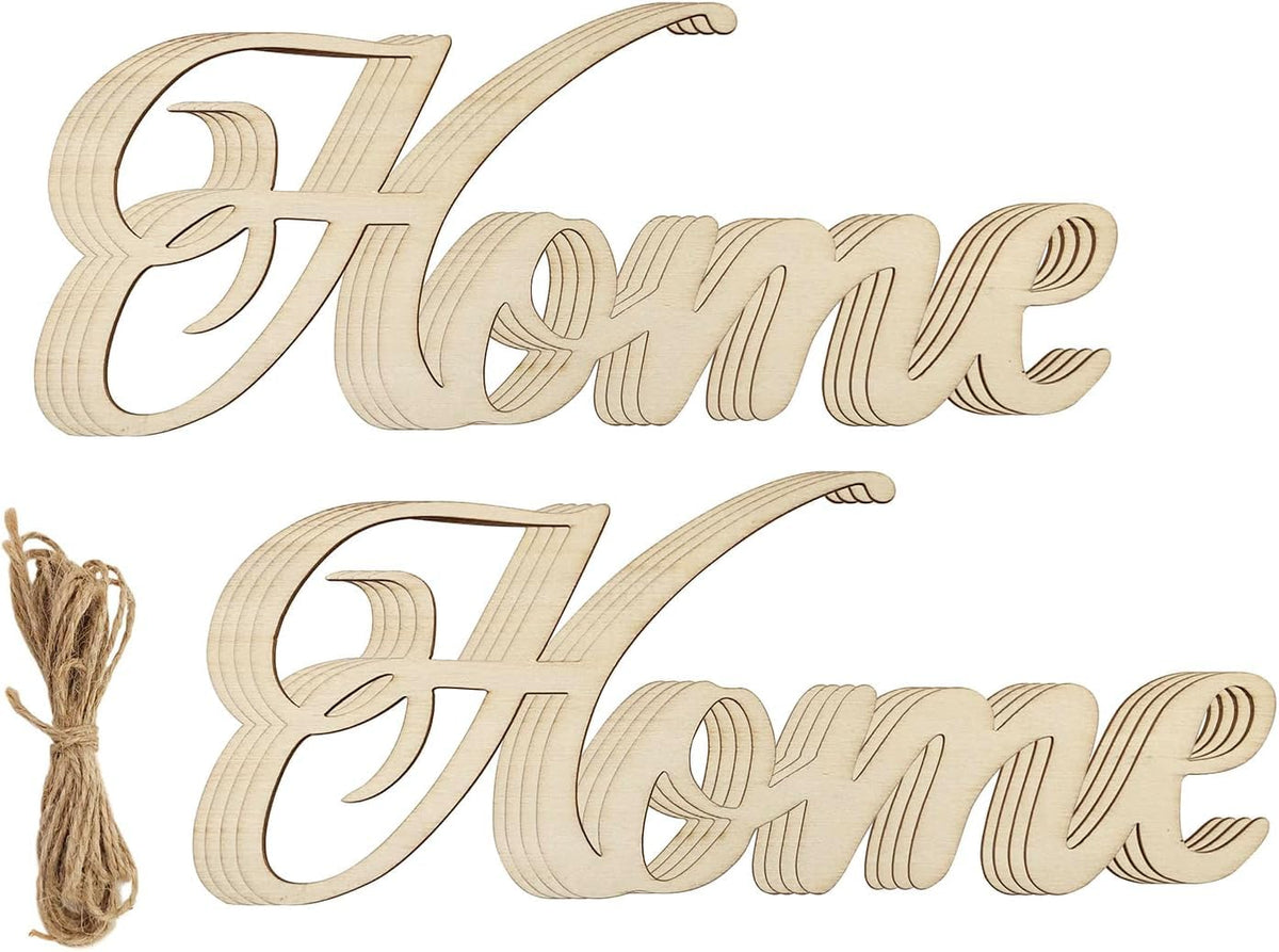 Wooden 'Home' sign with jute string on a white background