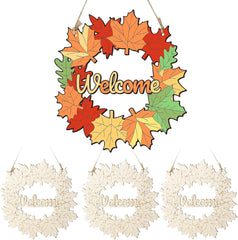 Autumn-themed wreath with colorful leaves and 'Welcome' text, along with three white 'Welcome' wreaths.