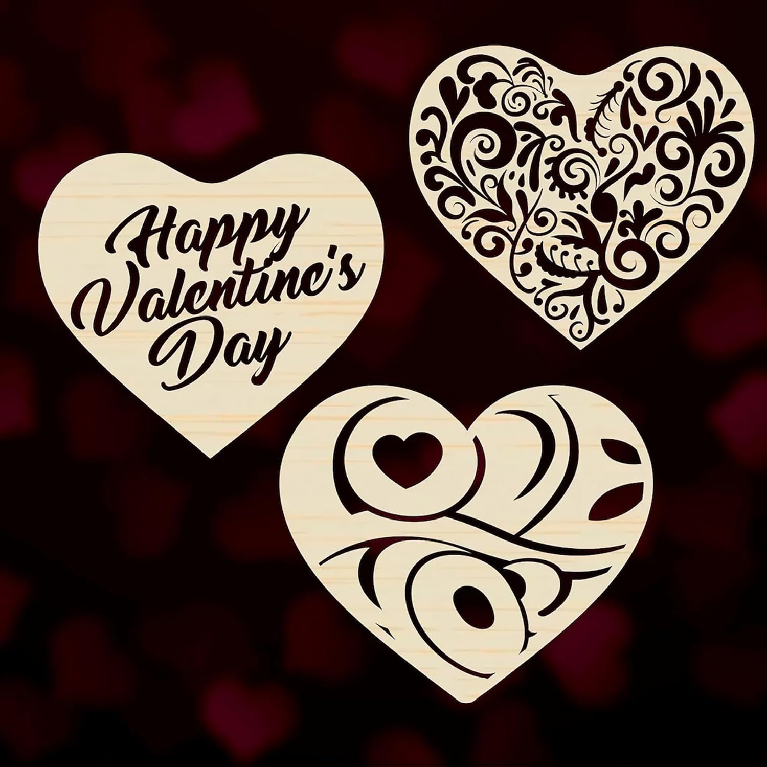 Three wooden heart-shaped decorations with 'Happy Valentine's Day' text and intricate patterns on a dark background.