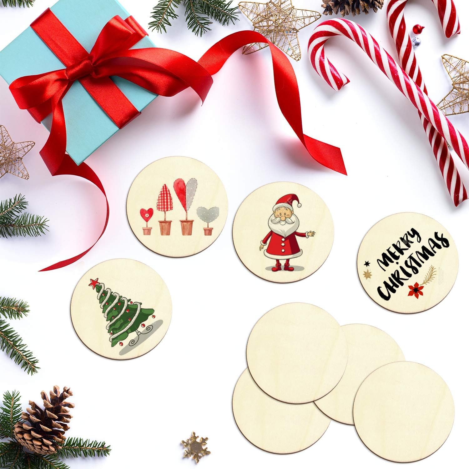 Set of Christmas-themed coasters with decorative elements on a white background