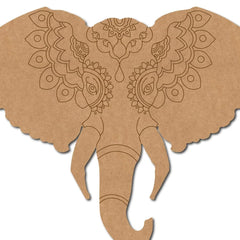 Decorative cardboard elephant head with intricate patterns on a white background