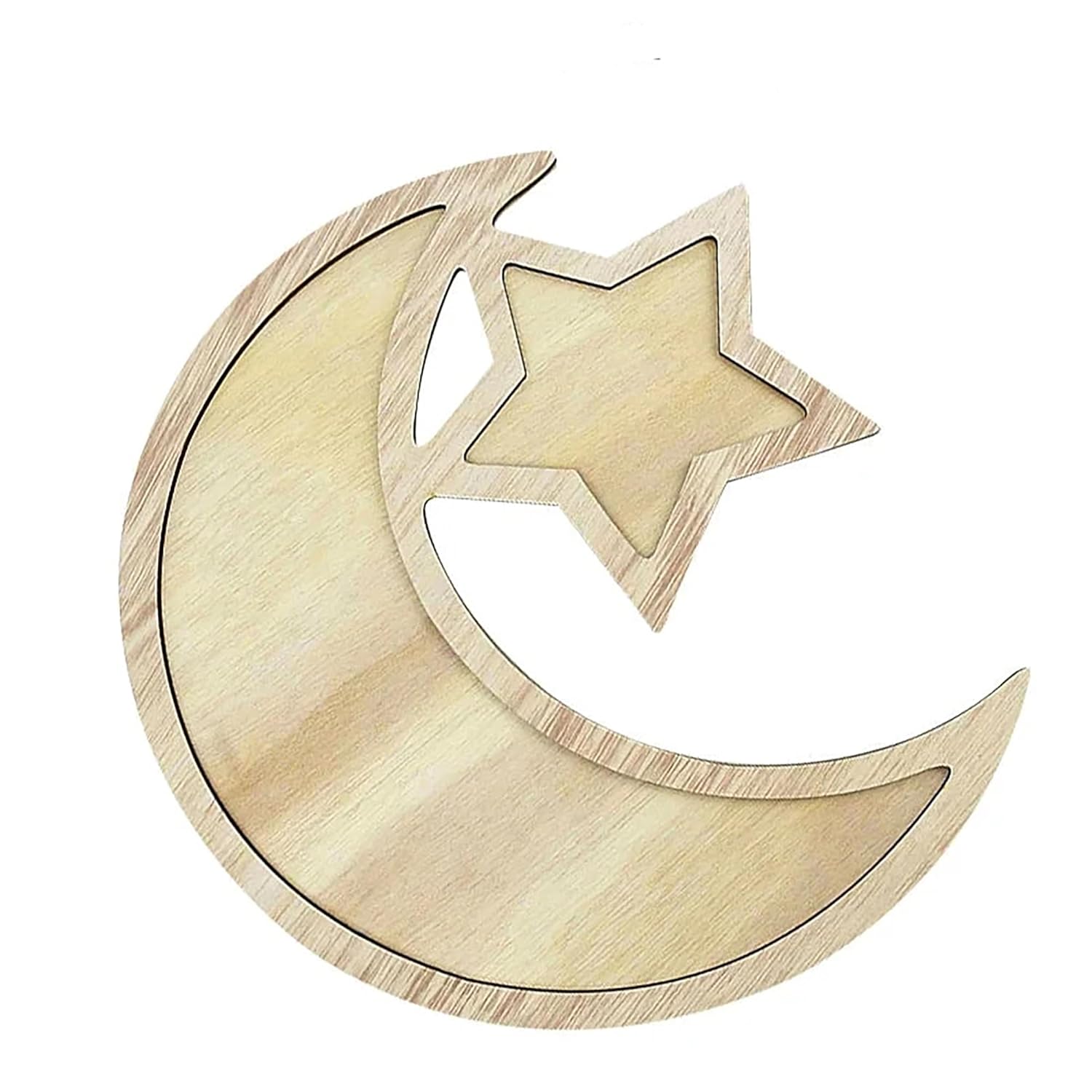 Wooden cutout of a crescent moon and star on a white background