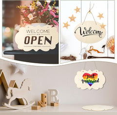 Collage of decorative signs with 'Welcome', 'Open', and 'Just Married' text, along with floral and star elements.