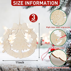 Wooden Christmas ornament with size information and material details on a festive background.