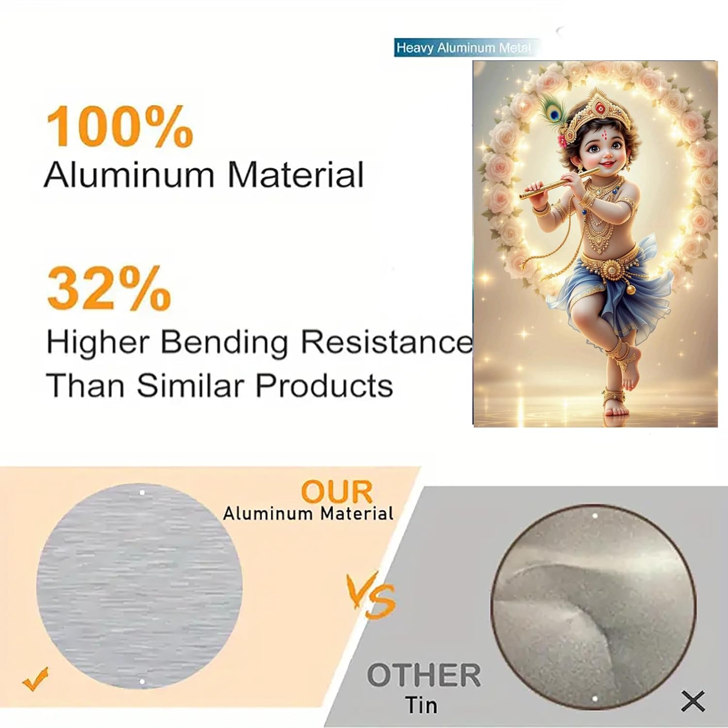 Product display with text about aluminum material and bending resistance, featuring a decorative item.