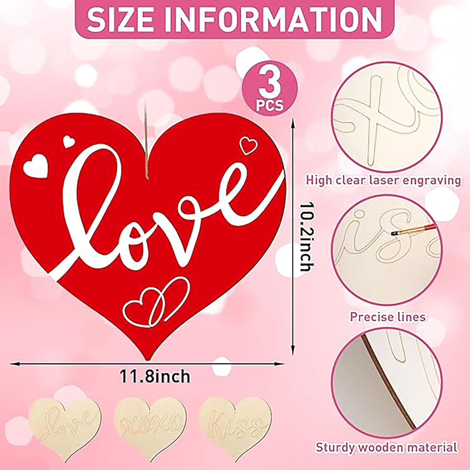 Heart-shaped wooden cutout with 'love' engraving and size information on a pink background