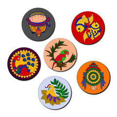 Set of six colorful circular stickers with various designs on a white background