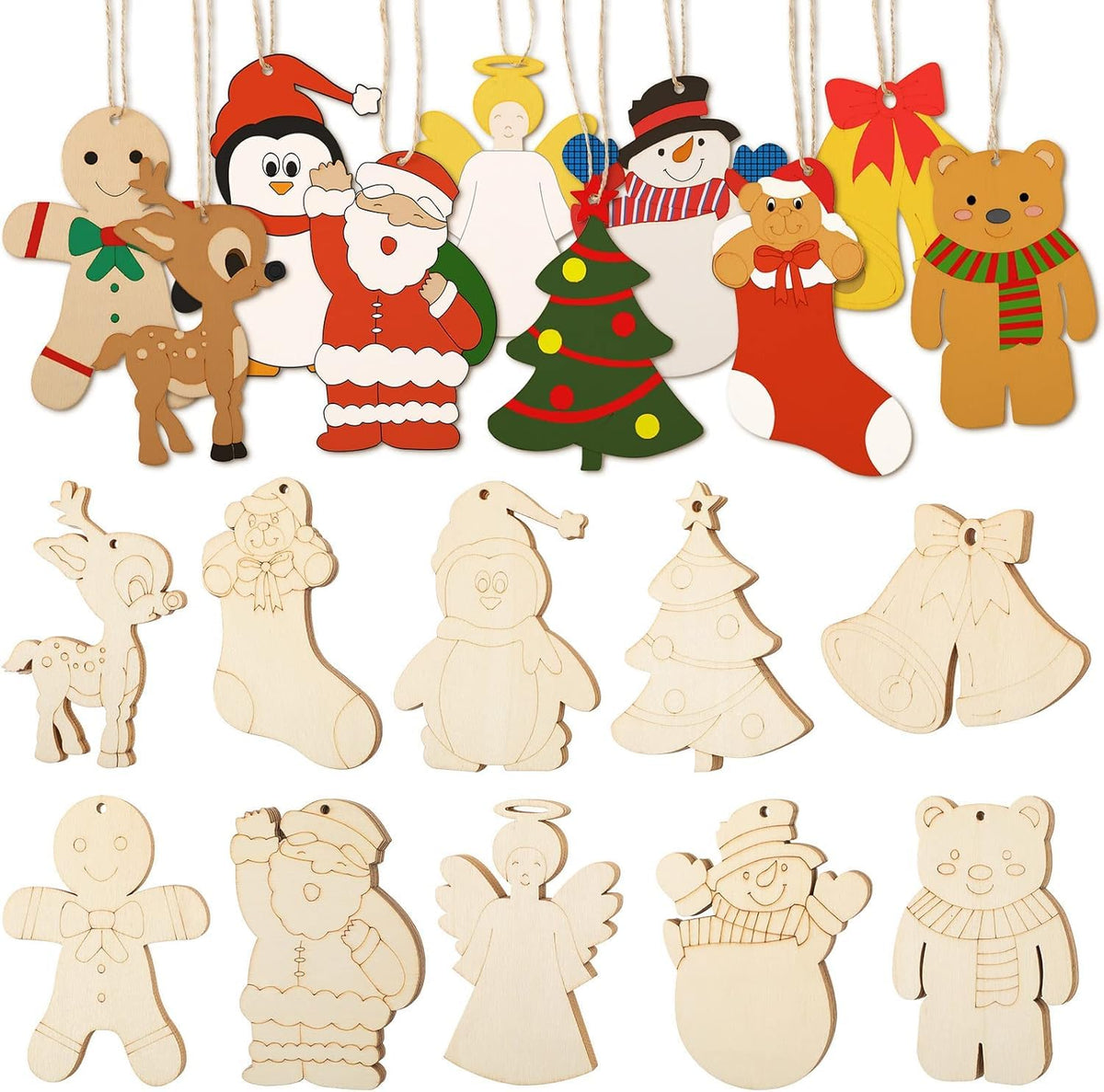 Set of wooden Christmas ornaments including Santa Claus, reindeer, and trees on a white background.