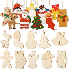 Set of wooden Christmas ornaments including Santa Claus, reindeer, and trees on a white background.