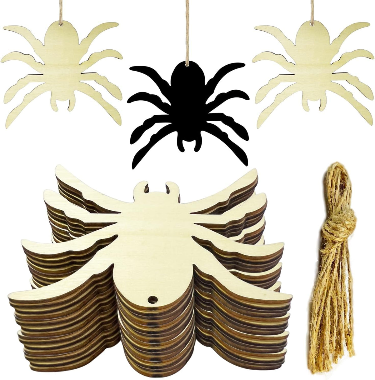 Halloween decorations including wooden spiders, black spider, and twine.