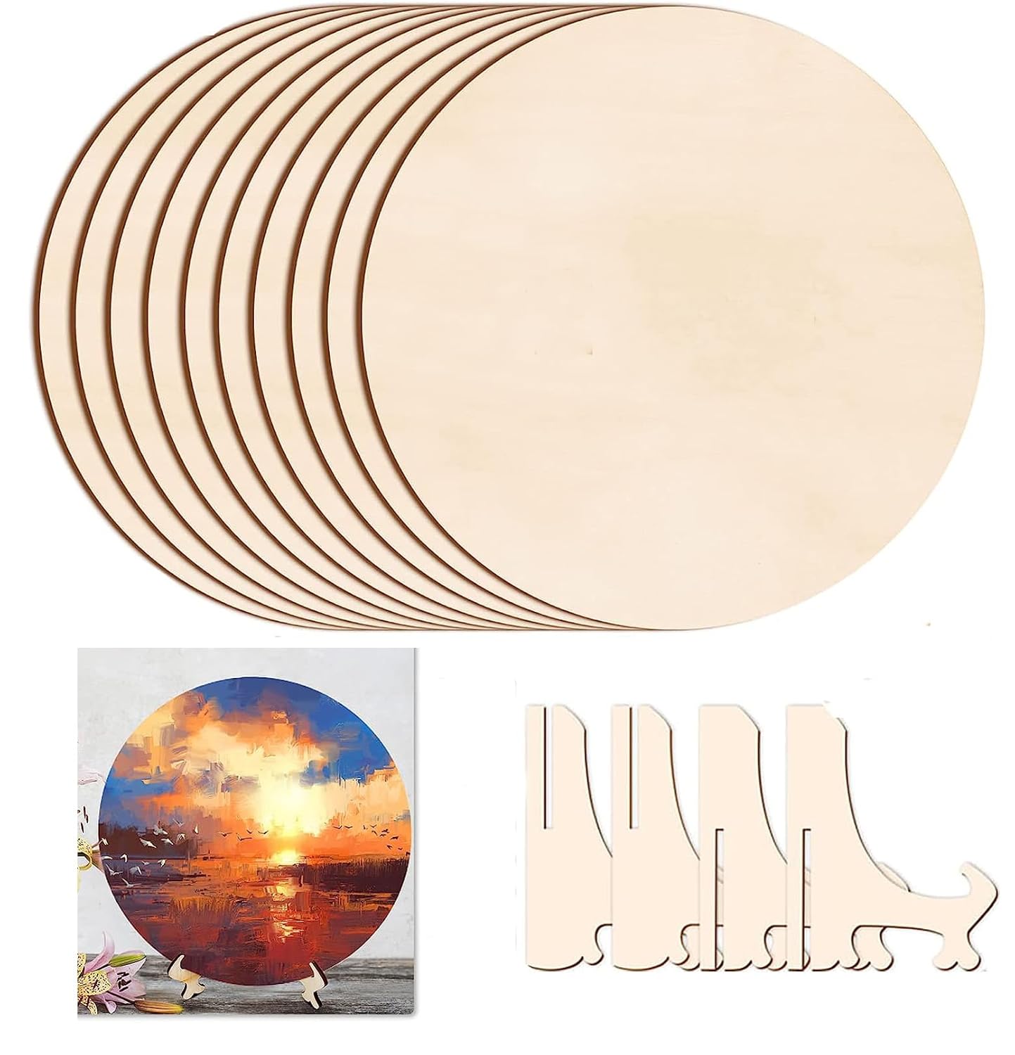 Set of wooden circles and cut-out shapes with a sunset scene card.