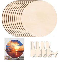Set of wooden circles and cut-out shapes with a sunset scene card.