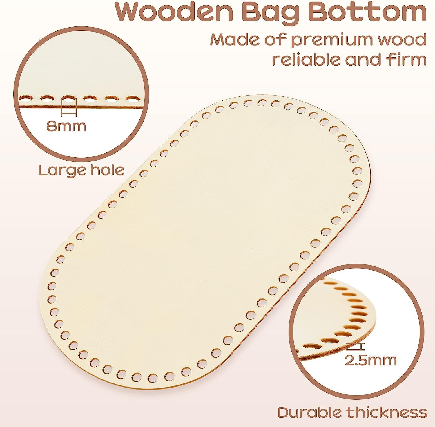 Wooden bag bottom with measurements and text on a light pink background