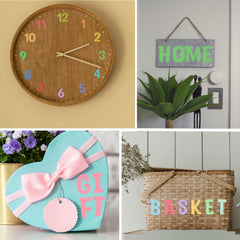Collage of decorative items including a wooden clock, 'HOME' sign, 'GIFT' heart-shaped box, and 'BASKET' basket.