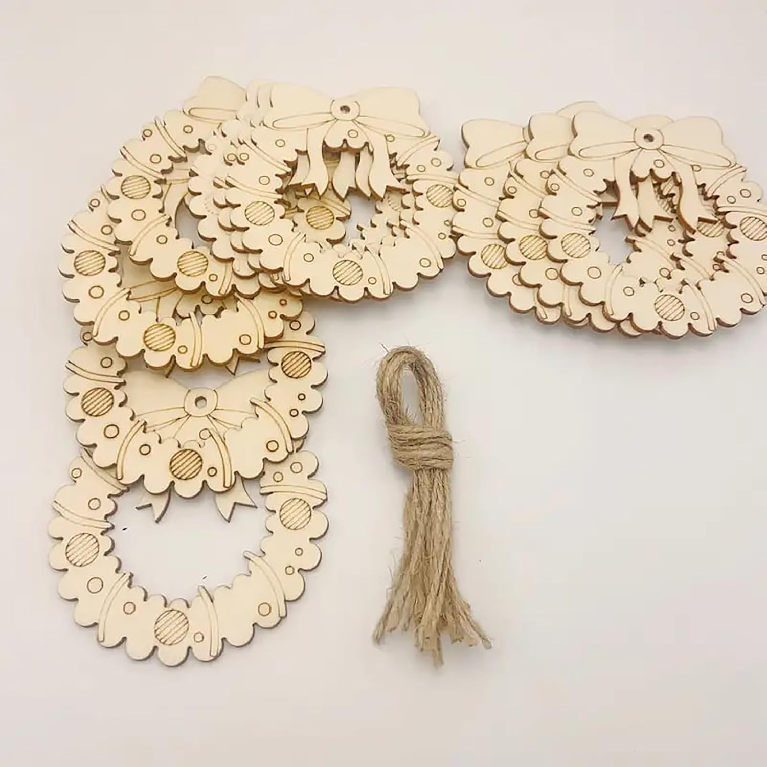 Wooden decorative elements with a string on a light background