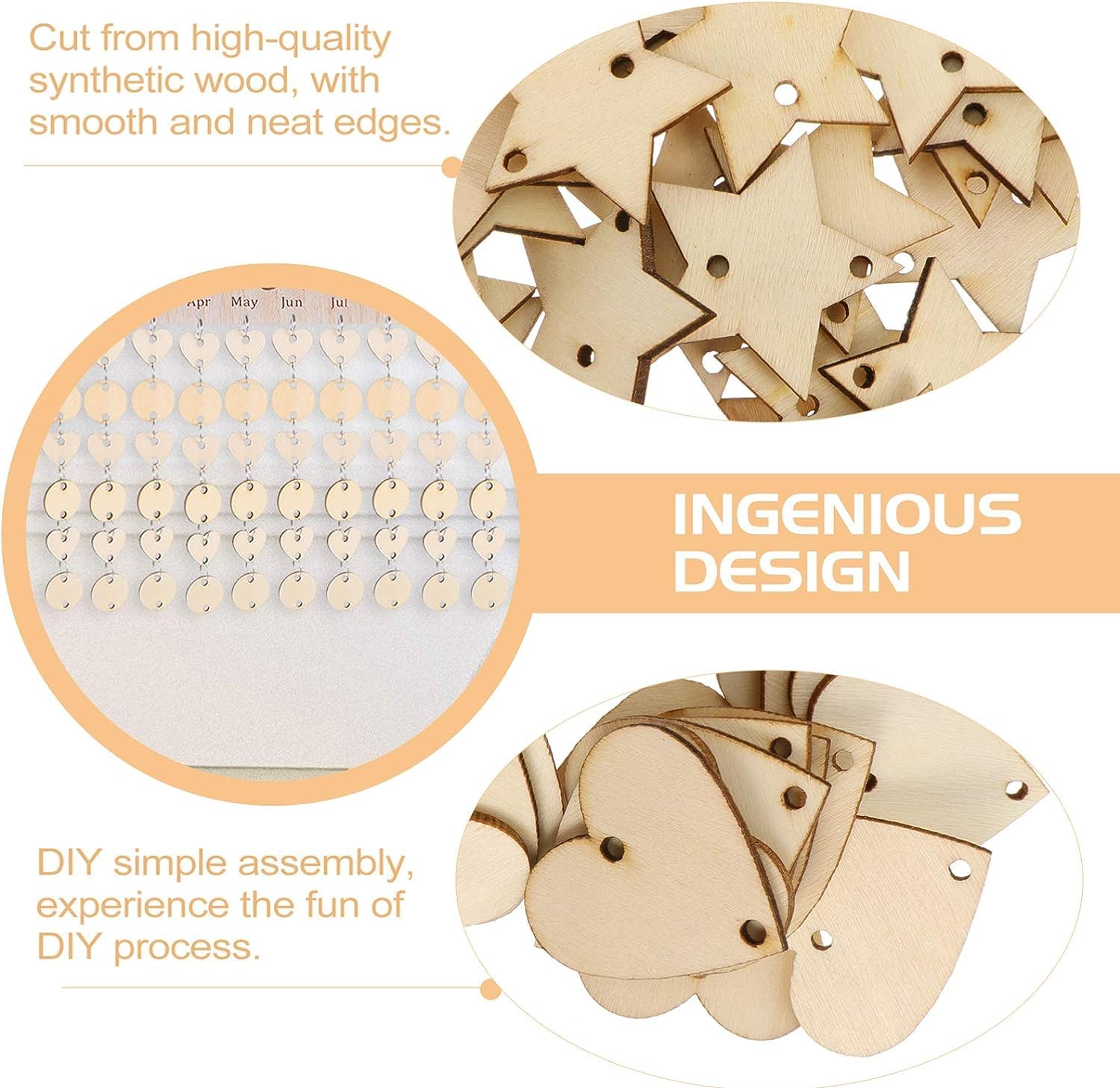 Wooden puzzle pieces with text describing their quality and assembly process.