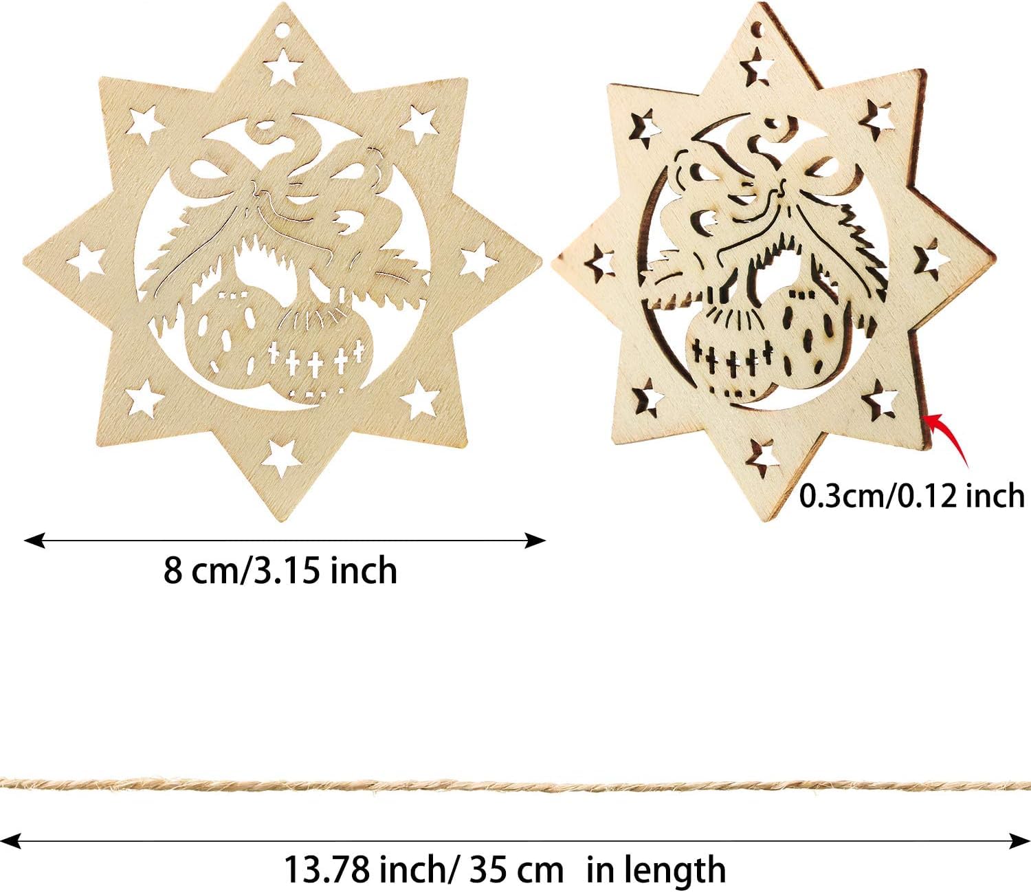 Two wooden star-shaped cutouts with dragon designs, showing measurements on a white background.