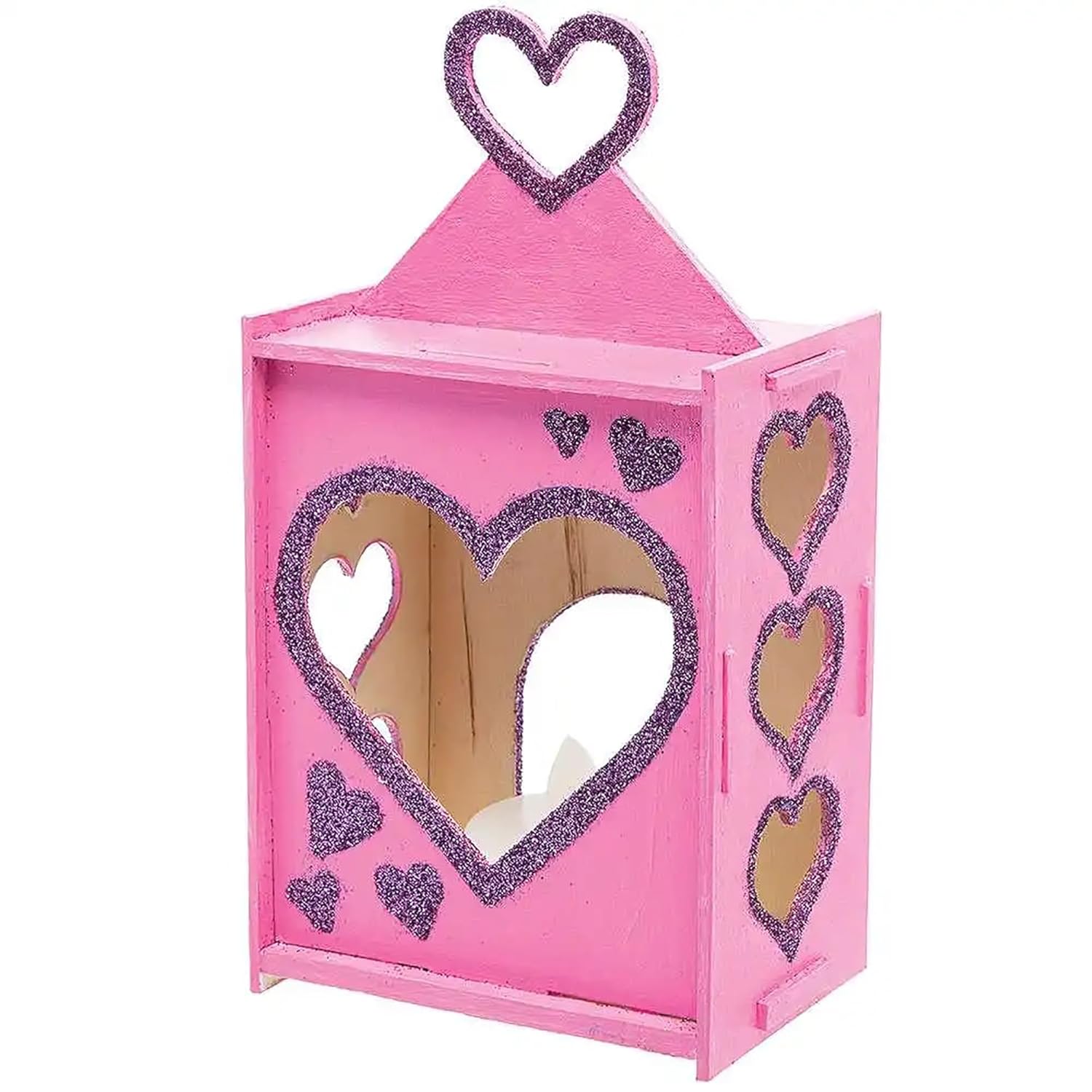 Pink cardboard box with heart cutouts on a white background