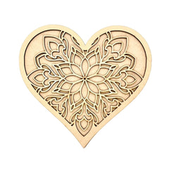 Decorative heart-shaped wooden cutout with intricate patterns on a white background