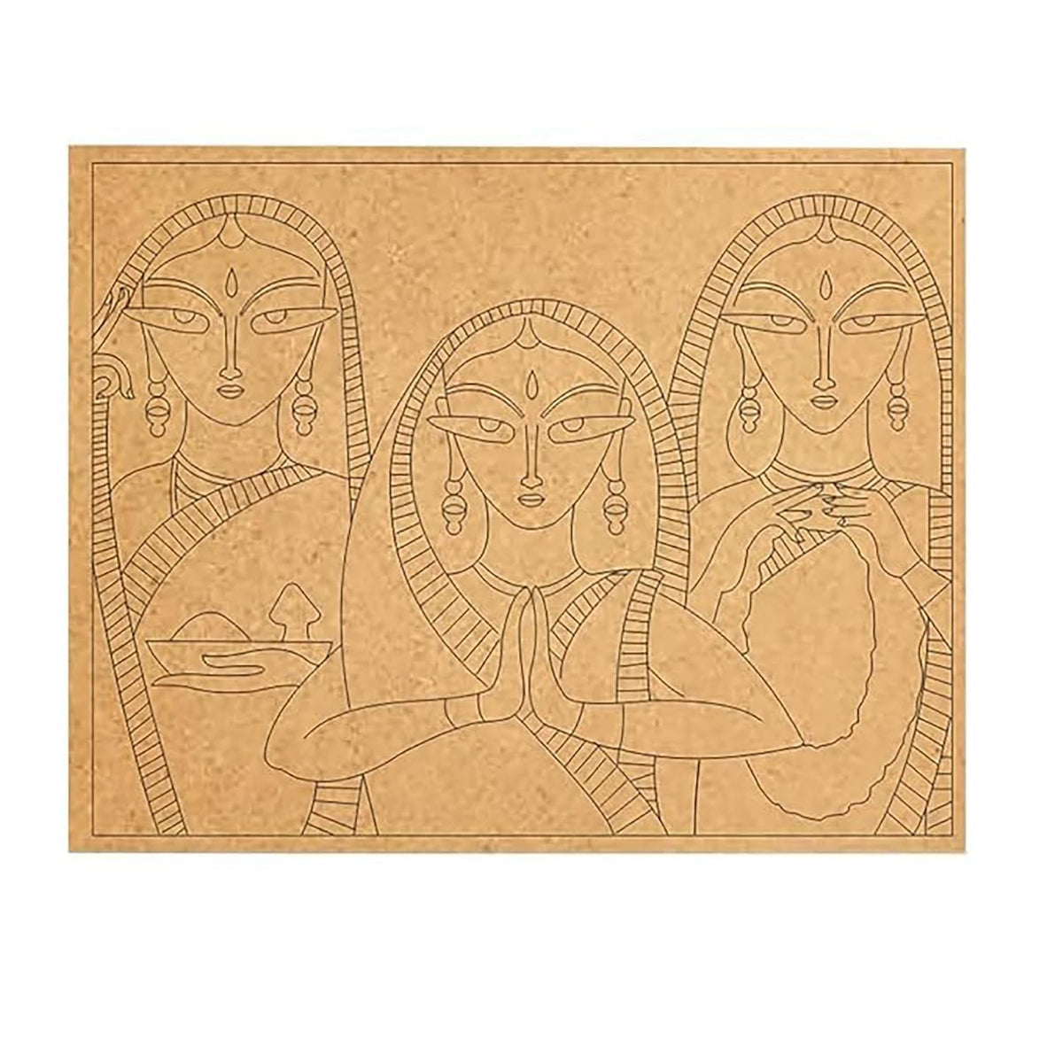 Artistic depiction of three women with intricate line work on a beige background