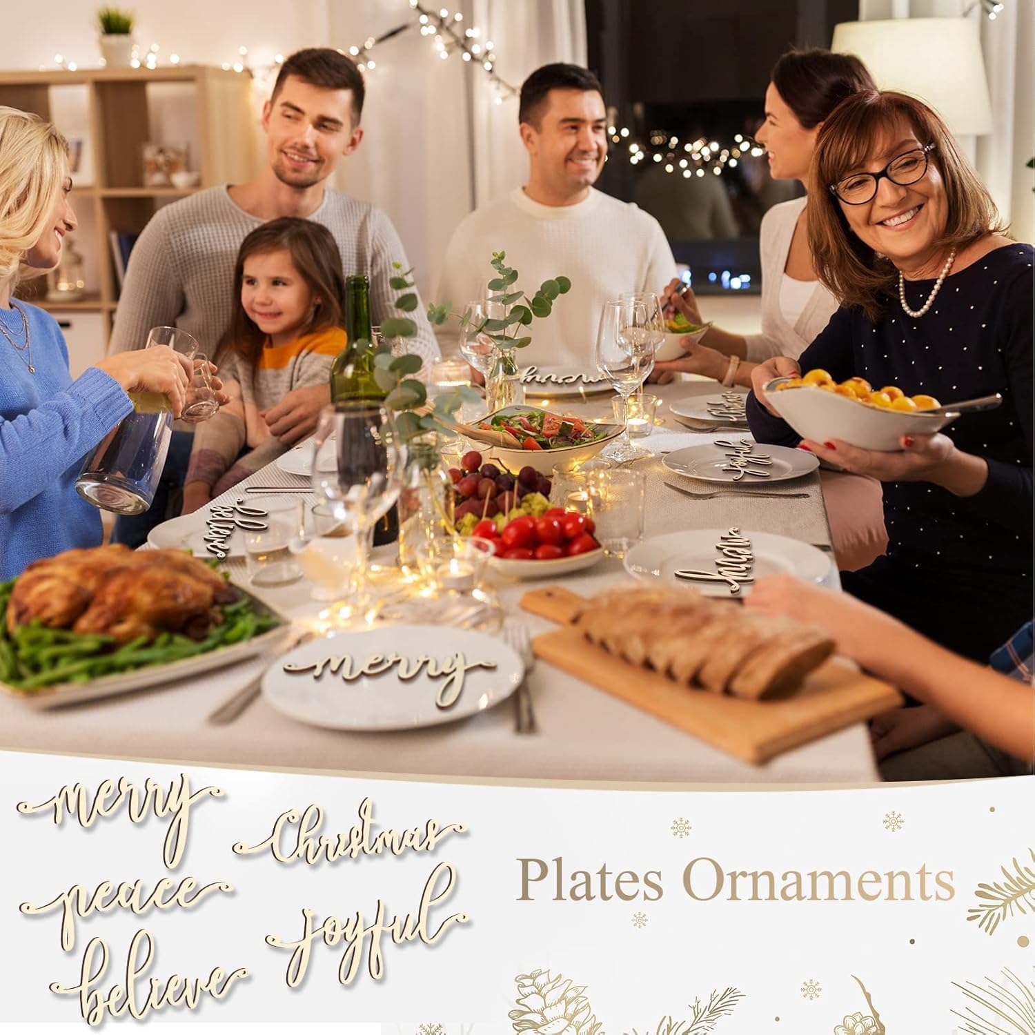 Family gathered around a Christmas dinner table with festive decorations.