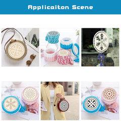Collage of decorative items including a round woven bag, a snowflake ornament, and other decorative pieces.