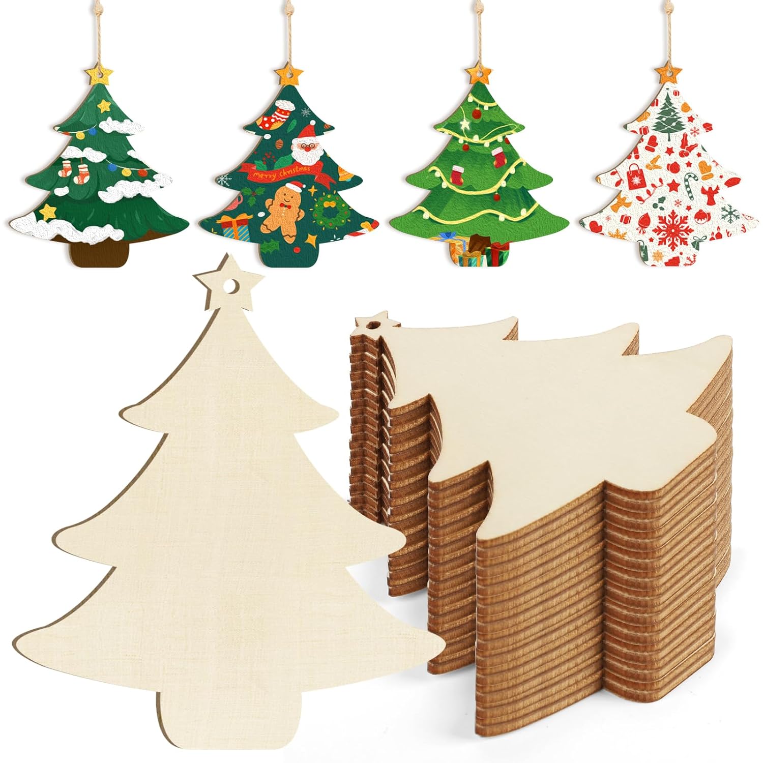 Wooden Christmas tree shapes with decorated and plain versions on a white background