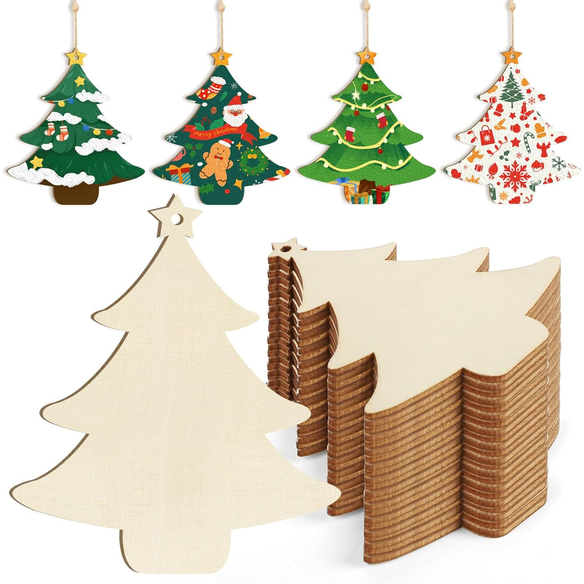 Wooden Christmas tree shapes with decorated and plain versions on a white background