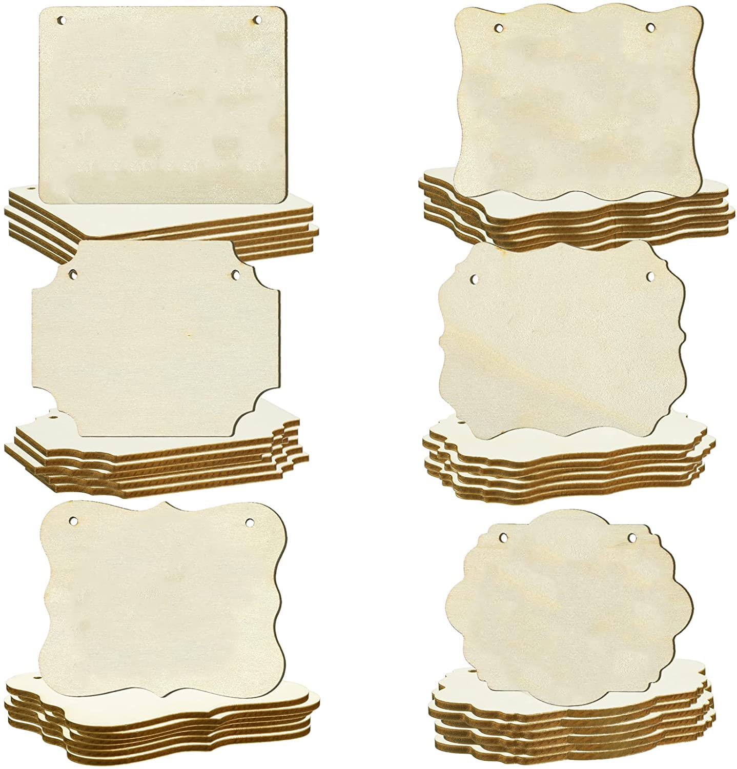 Set of wooden price tags with scalloped edges on a white background