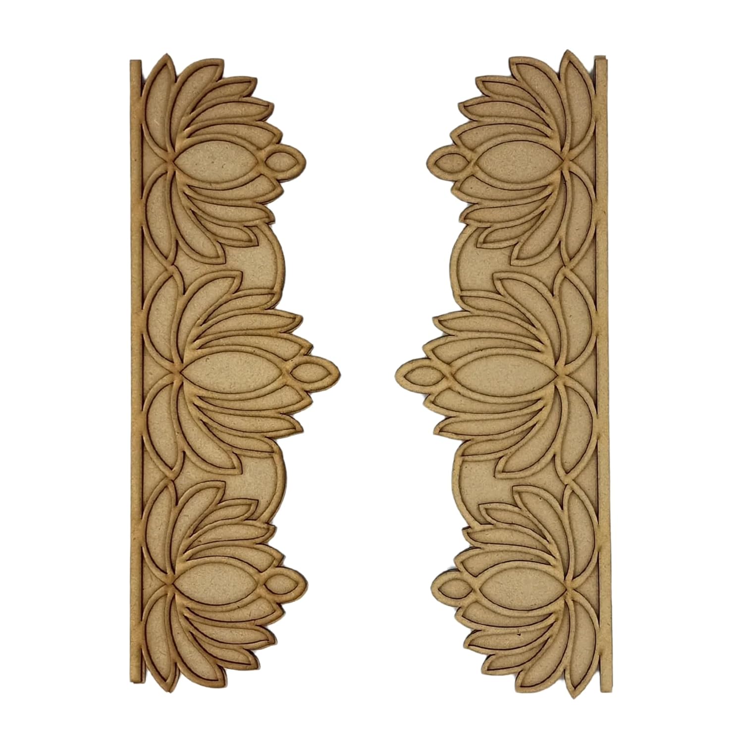 Two wooden decorative panels with floral patterns on a white background
