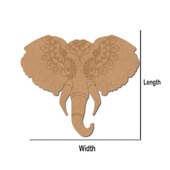 Decorative elephant head cutout with measurements on a white background