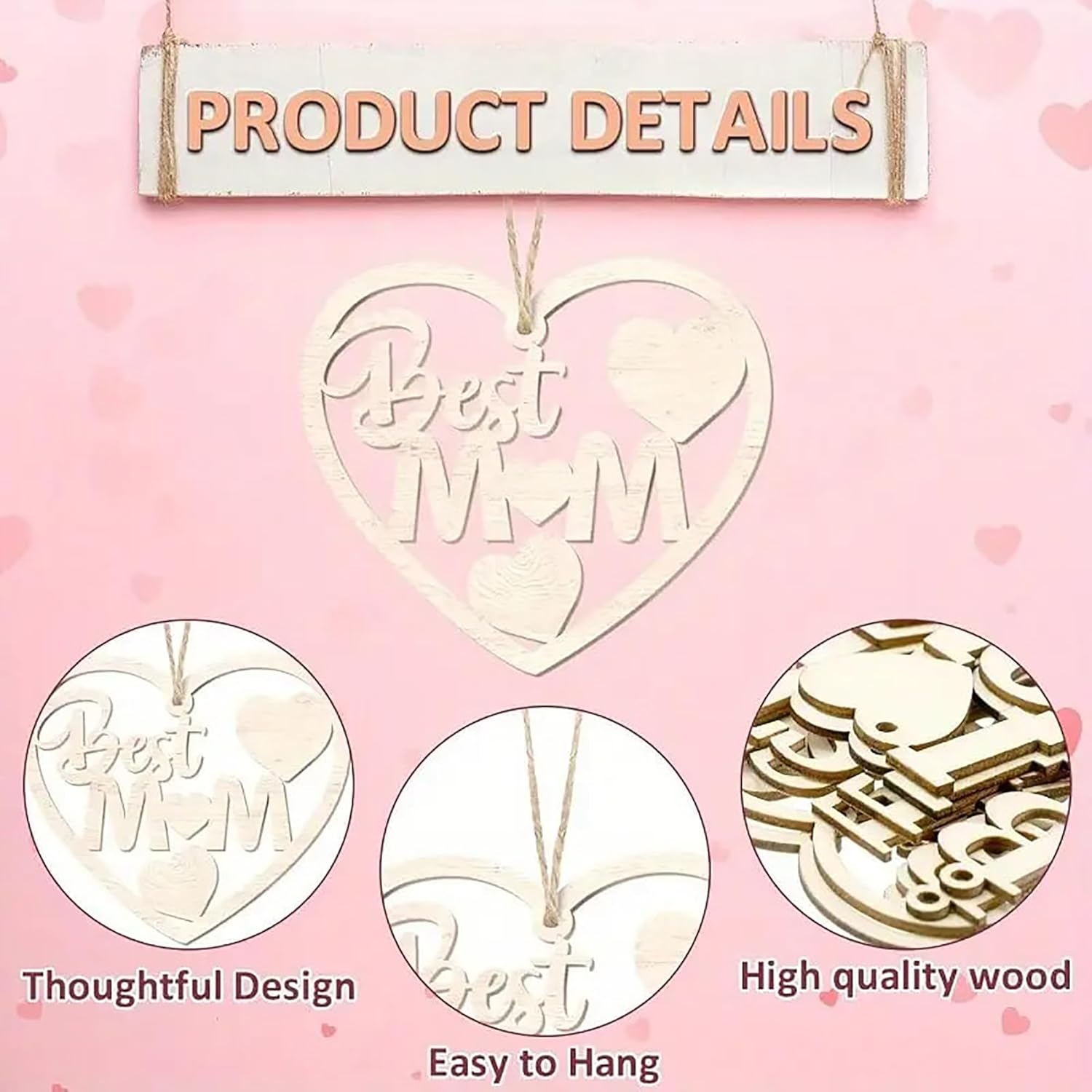 Heart-shaped wooden ornament with 'Best Mom' engraving on a pink background with product details text.