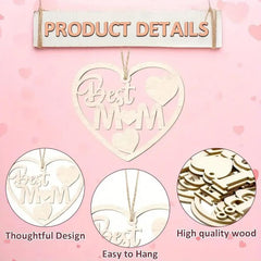 Heart-shaped wooden ornament with 'Best Mom' engraving on a pink background with product details text.
