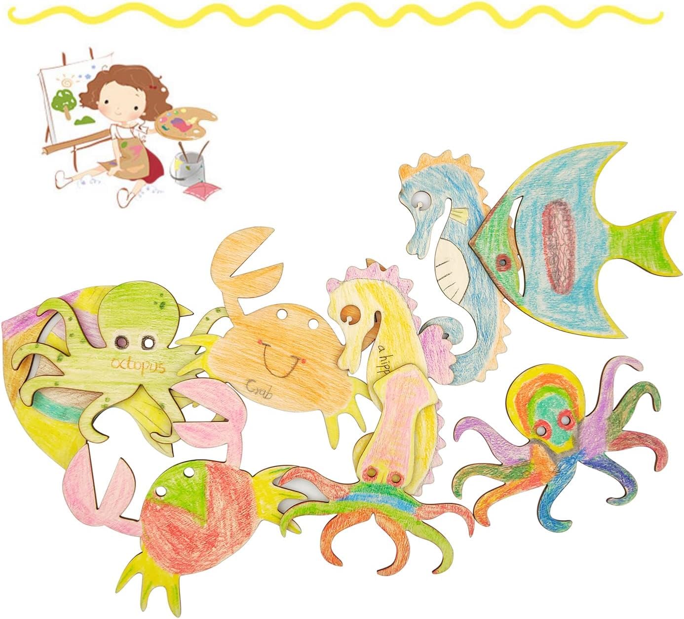 Colorful wooden sea creature toys on a white background with a child drawing of a girl and fish.