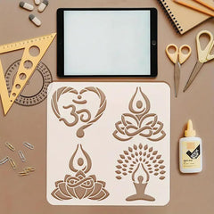 Stencils with yoga-themed designs on a brown surface with stationery items.