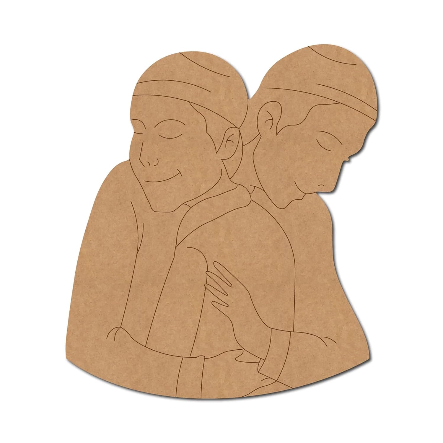 Cardboard cutout of two people embracing on a white background