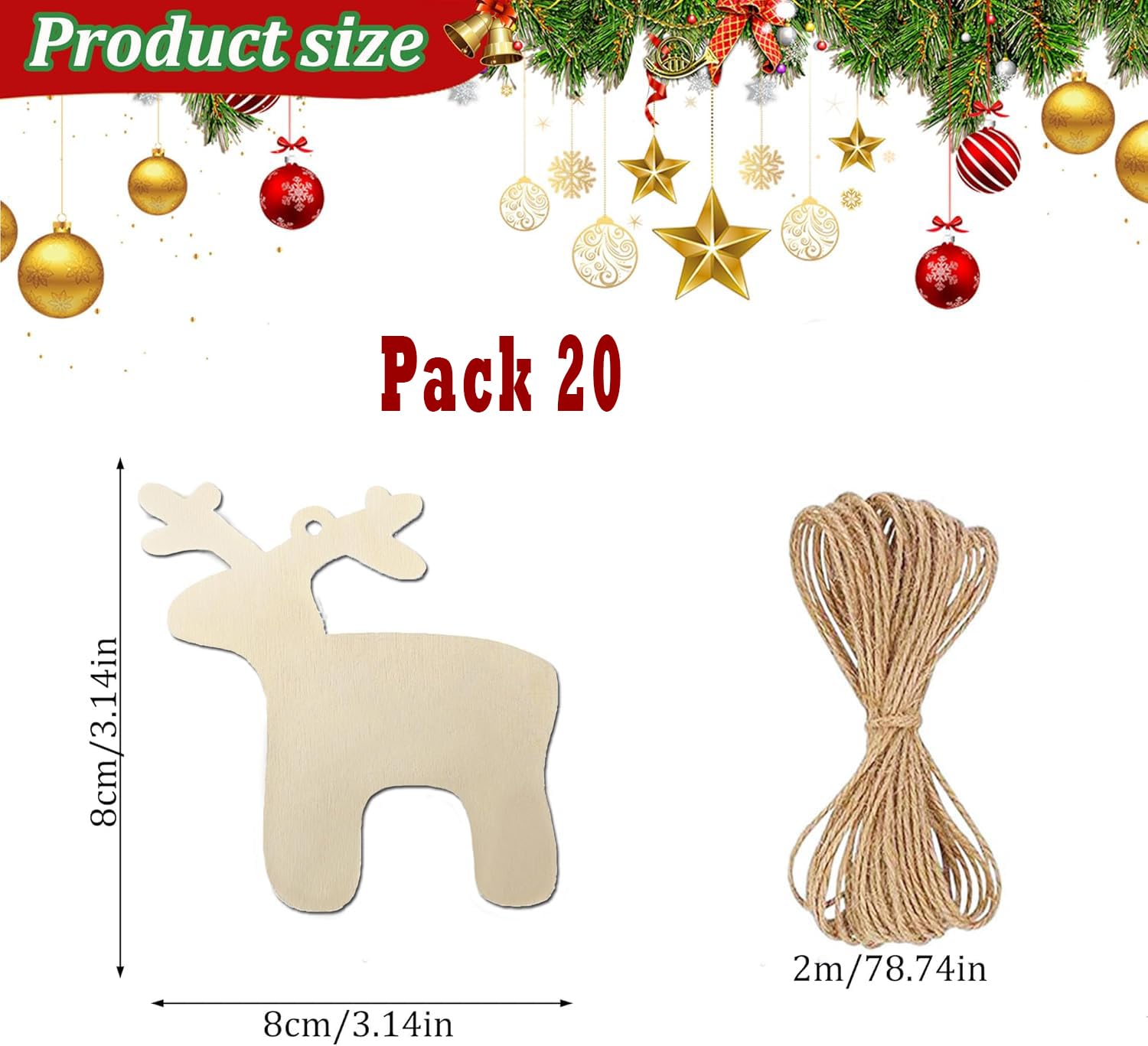 Wooden reindeer ornament with jute rope, product size details, and Christmas decorations in the background.