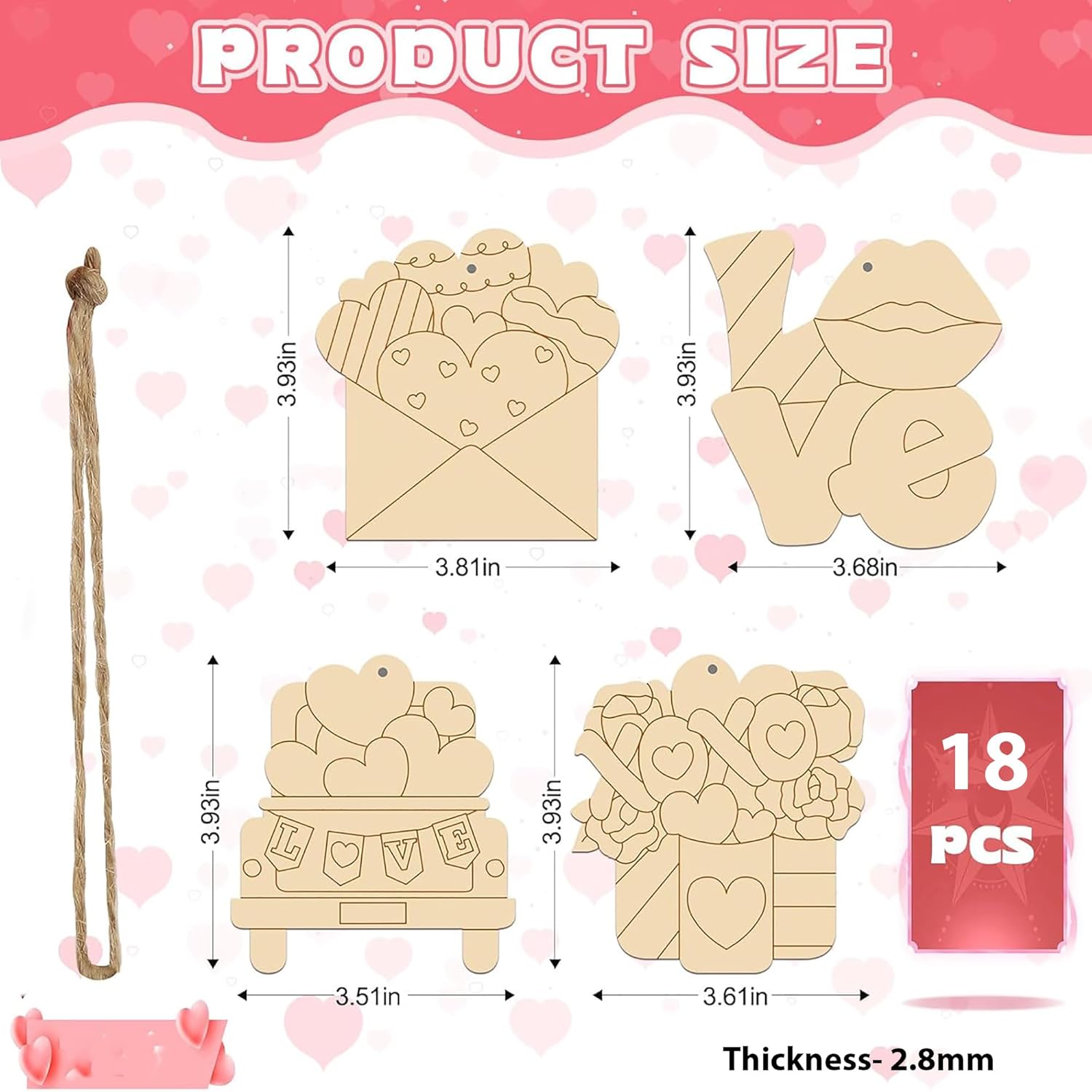 Wooden love-themed decorations with measurements and product details on a pink background