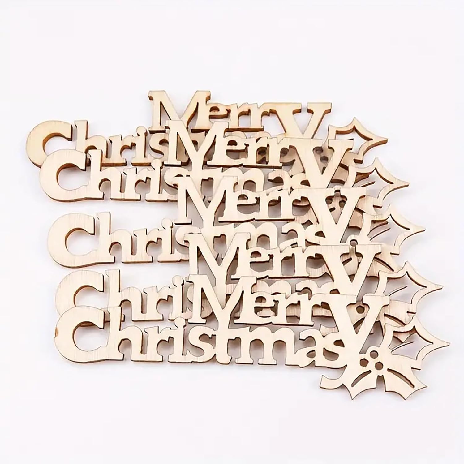 Wooden 'Merry Christmas' decorations on a white background