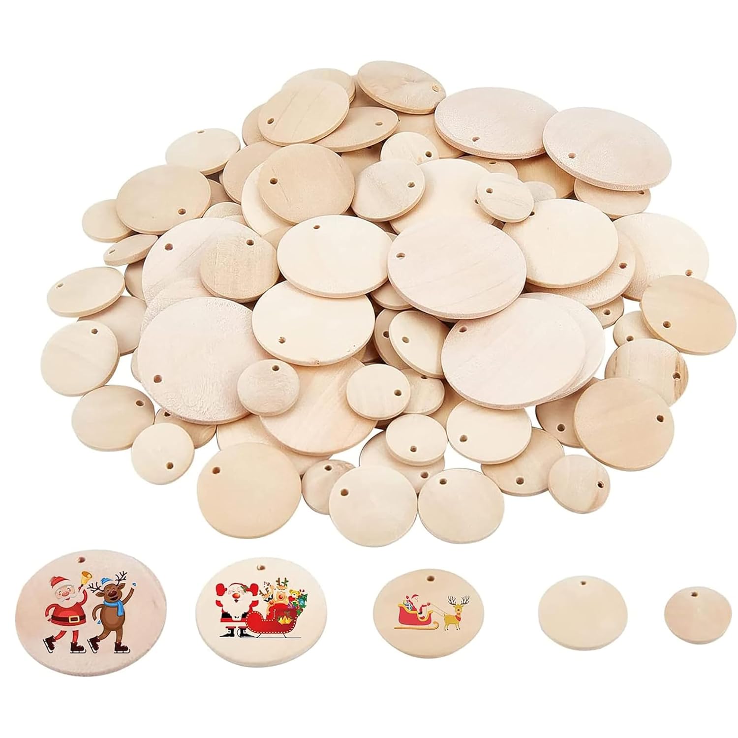 Collection of wooden round tags with pre-drilled holes on a white background