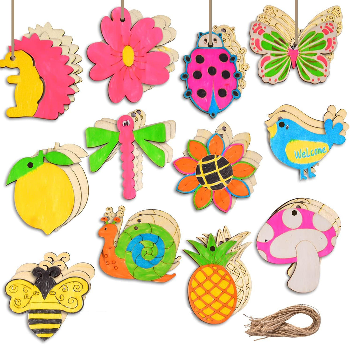 Collection of colorful wooden animal and nature-themed ornaments on a white background.