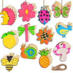 Collection of colorful wooden animal and nature-themed ornaments on a white background.