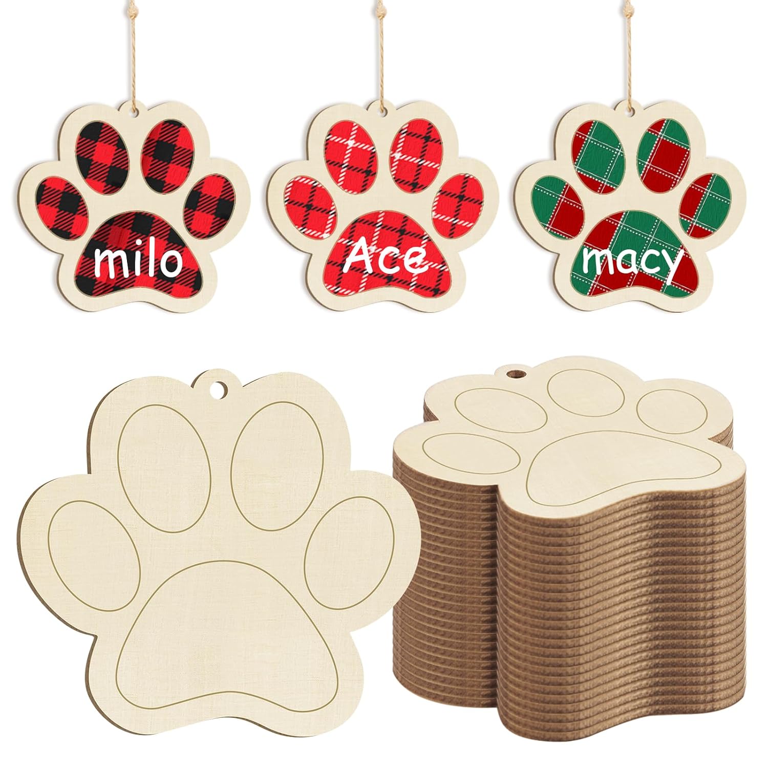 Set of wooden paw-shaped tags with plaid patterns and names 'milo', 'Ace', and 'macy'.